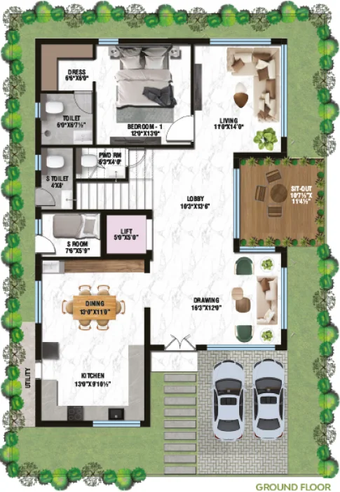 east-ground.webp East-Facing Villas in Adibatla – Ground Floor Layout | The Square | Jaykay Infra